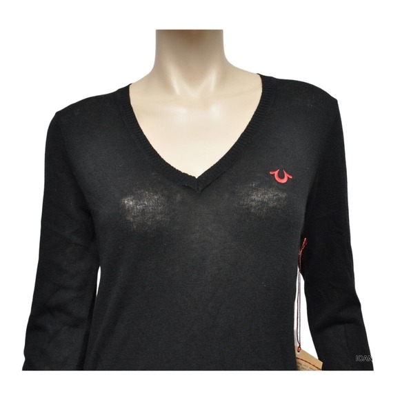 True Religion Embroidery U V-Neck Cotton/Cashmere Sweater Black XS Nwt $178 - Picture 2 of 8